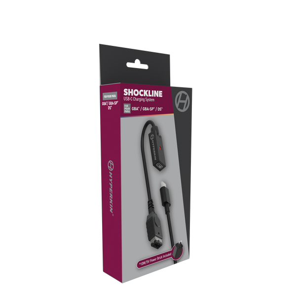 A Hyperkin Shockline USB-C charging adapter in its retail packaging, featuring a black and magenta design with a clear window displaying the black cable and inline controller.