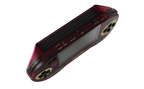 A translucent dark red handheld gaming console with gold accents and a black screen, shown at an angle on a plain white background.