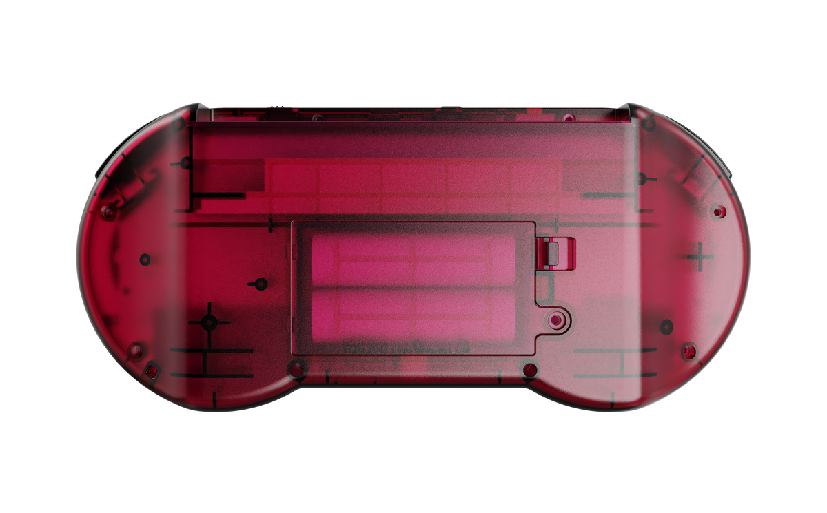 A translucent red plastic game controller faceplate or shell shown from the bottom, isolated on a white background.