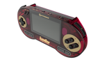 A Hyperkin SupaBoy G-Revolution handheld gaming console in a translucent dark red and gold colorway, shown from a three-quarters perspective on a solid white background.