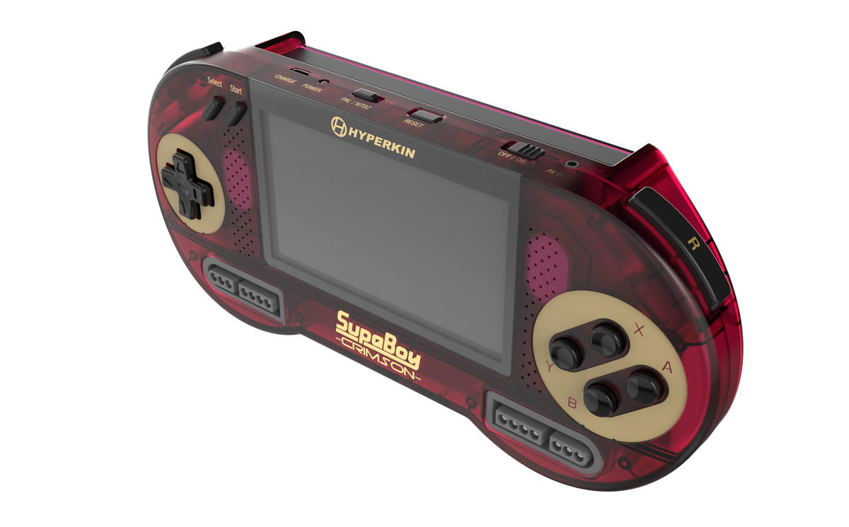 A Hyperkin SupaBoy G-Revolution handheld gaming console in a translucent dark red and gold colorway, shown from a three-quarters perspective on a solid white background.