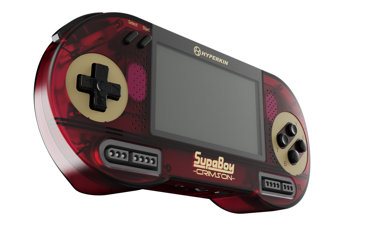 Hyperkin SupaBoy Portable in crimson, translucent red handheld SNES console front view with screen on