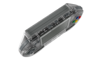 Edge view of the translucent Hyperkin SupaBoy Prime portable console showing the AV output port and control buttons
