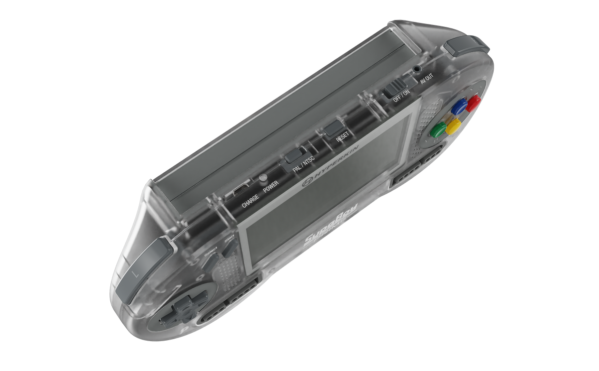 Edge view of the translucent Hyperkin SupaBoy Prime portable console showing the AV output port and control buttons