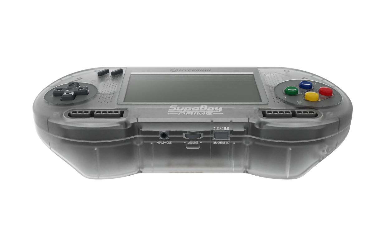 Front view of the translucent Hyperkin SupaBoy Prime portable console showing the screen and face buttons