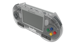 Angled view of the translucent Hyperkin SupaBoy Prime portable console showing the D-pad, screen, and controller ports