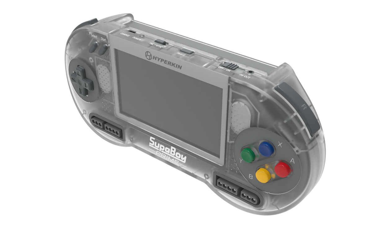 Angled view of the translucent Hyperkin SupaBoy Prime portable console showing the D-pad, screen, and controller ports