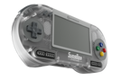 Angled view of the translucent Hyperkin SupaBoy Prime portable console showing the two original SNES controller ports
