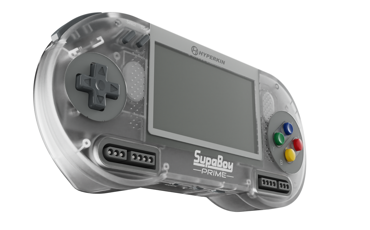 Angled view of the translucent Hyperkin SupaBoy Prime portable console showing the two original SNES controller ports