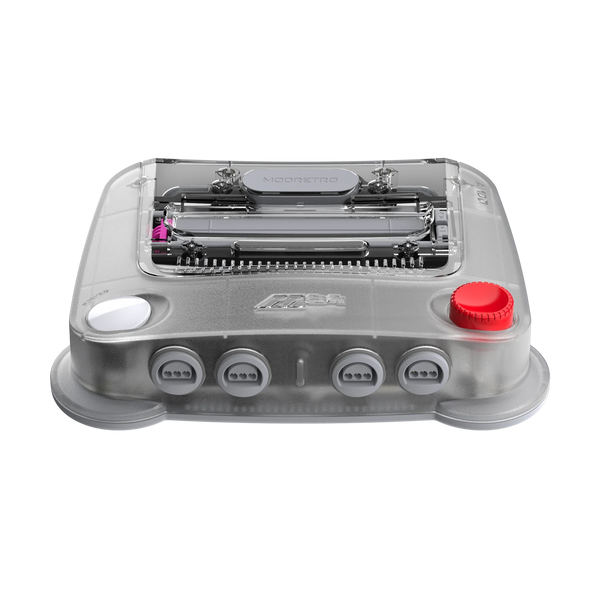 Clear translucent Hyperkin M64 console shown at an angle, top view