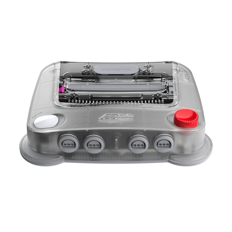 Clear translucent Hyperkin M64 console shown at an angle, top view