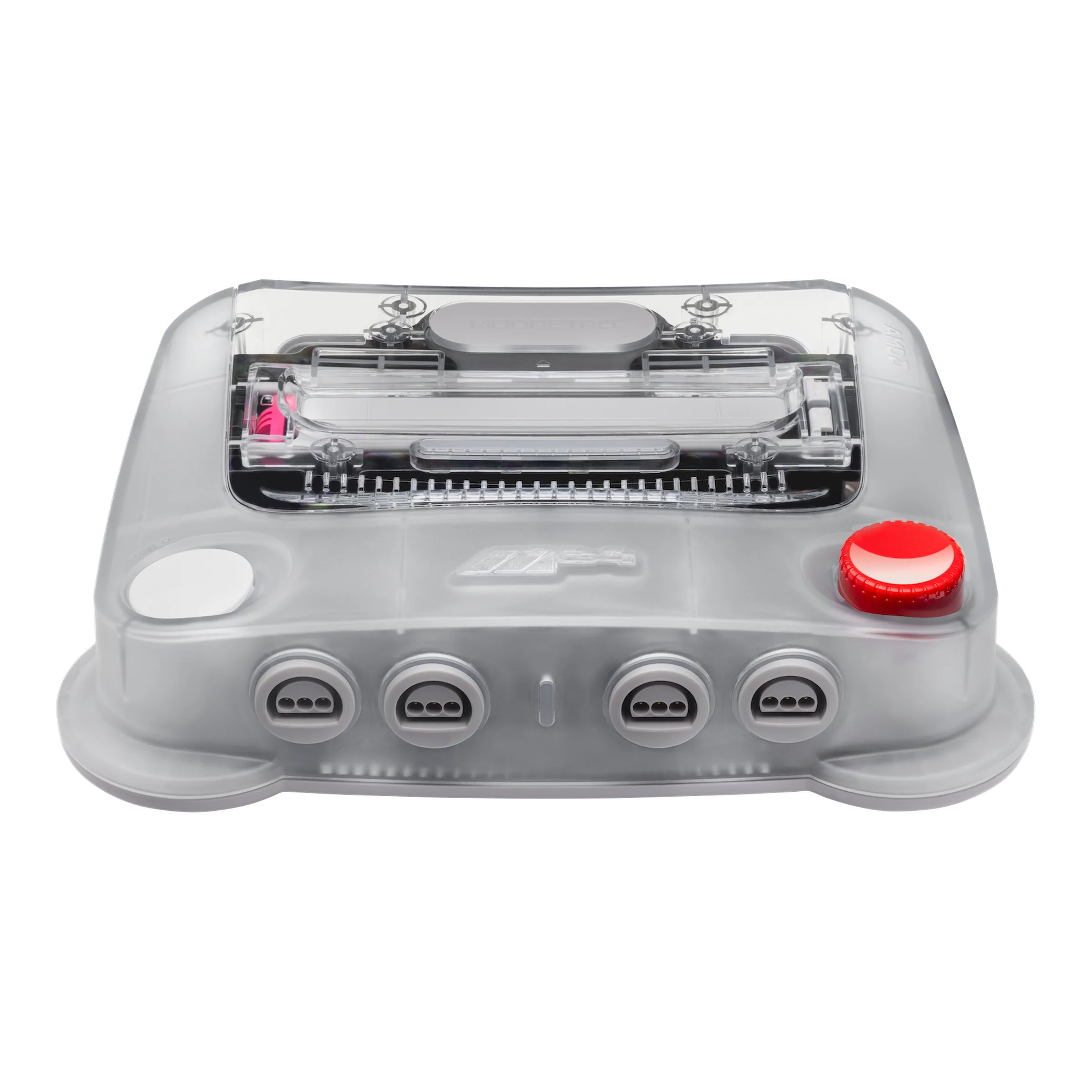 ModRetro M64 console for N64 games on modern TVs with transparent case and multi-controller support