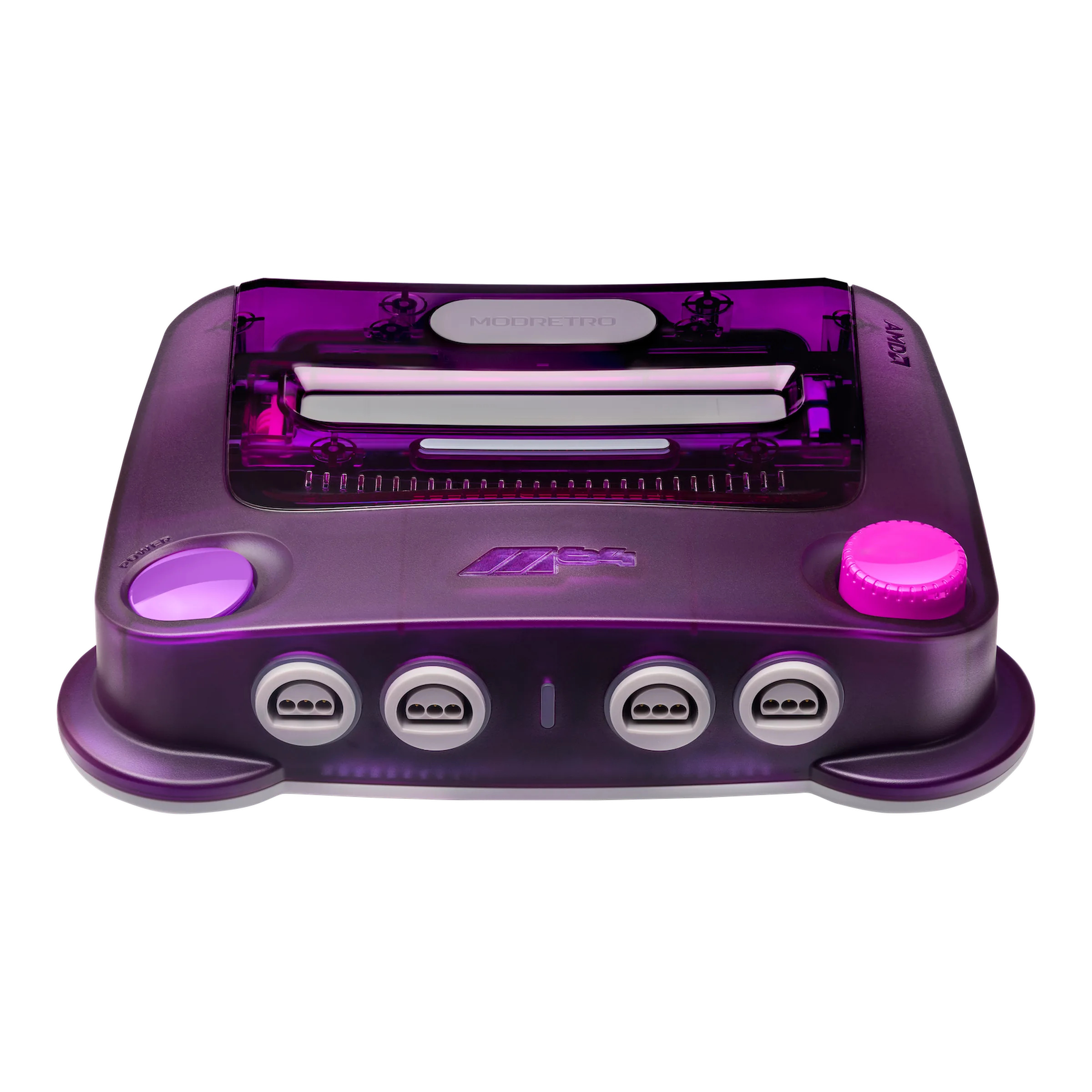 Purple transparent ModRetro M64 console for playing N64 games on modern televisions