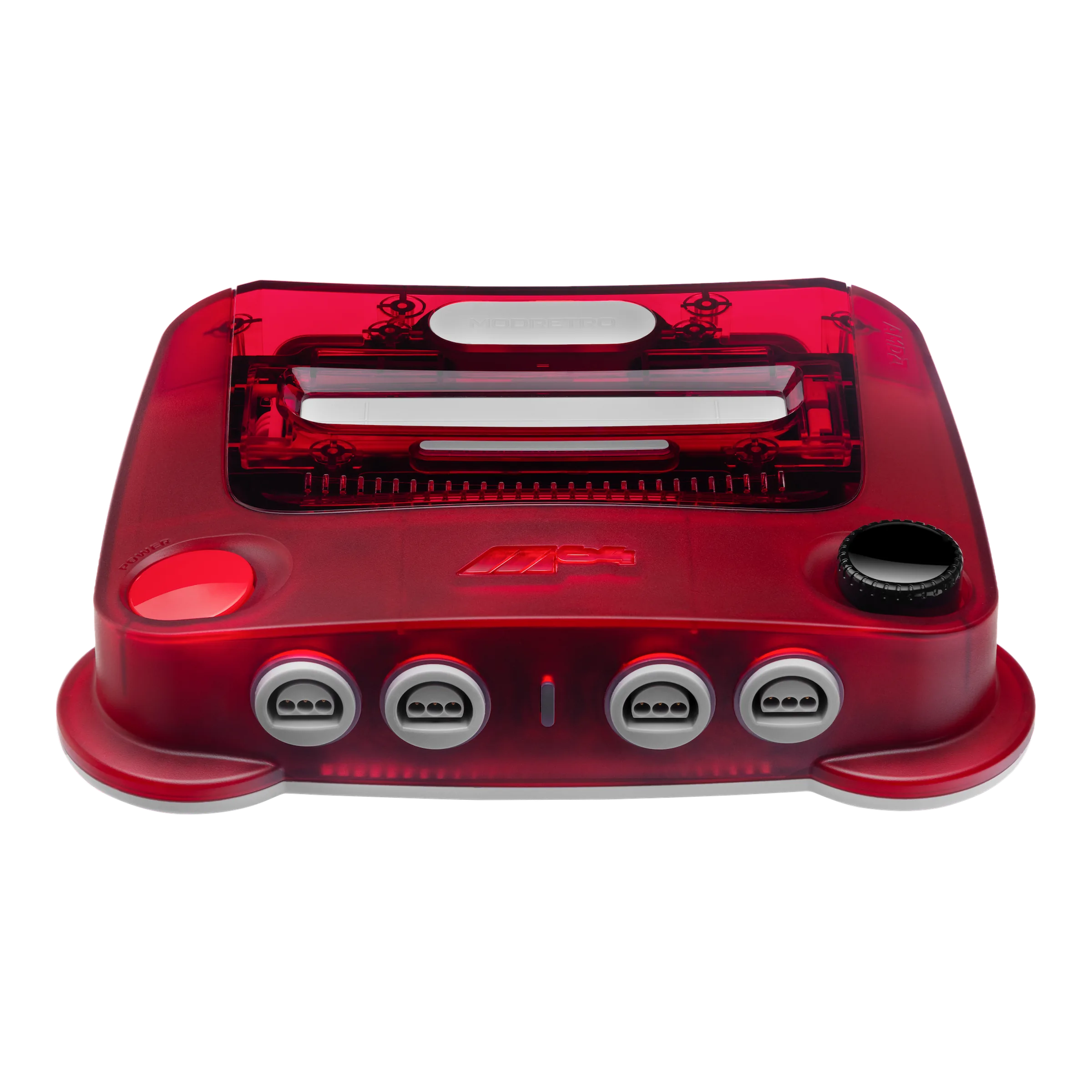 Red transparent ModRetro M64 console for playing N64 games on modern televisions
