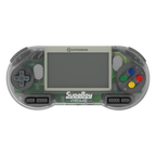 Hyperkin SupaBoy Prime portable console retail packaging, shown in translucent gray with colored face buttons