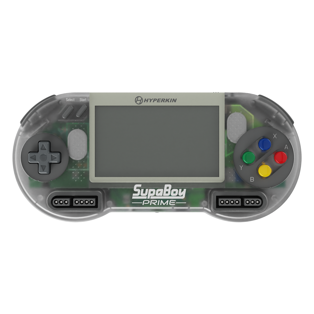 Hyperkin SupaBoy Prime portable console retail packaging, shown in translucent gray with colored face buttons