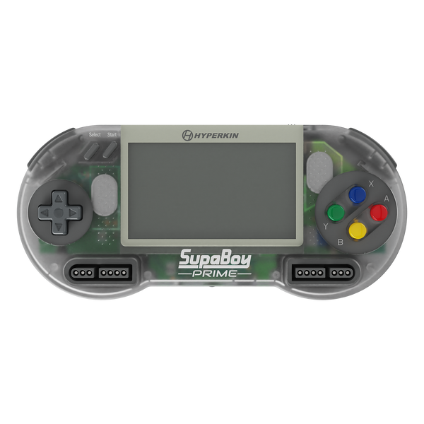 Hyperkin SupaBoy Prime portable console retail packaging, shown in translucent gray with colored face buttons