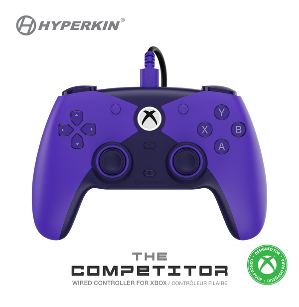 Front view of purple Hyperkin “Competitor” wired Xbox controller with dual sticks, D-pad, ABXY buttons, centered Xbox logo, and connected cable; “Designed for Xbox” badge shown.