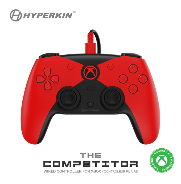 Front view of red and black Hyperkin “Competitor” wired Xbox controller with dual sticks, D-pad, ABXY buttons, and connected cable.