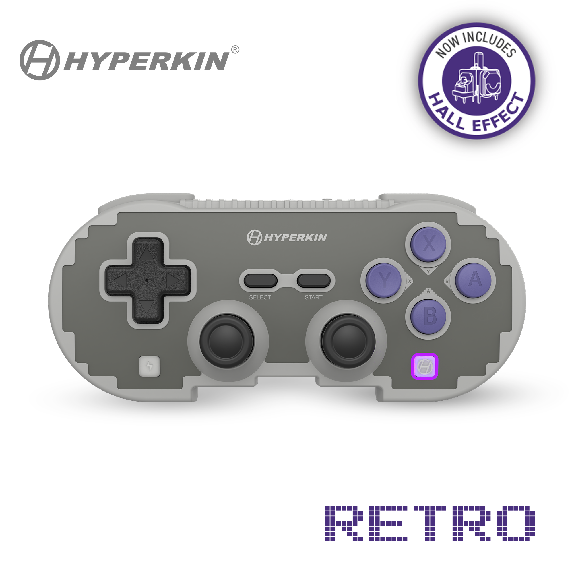 Hyperkin retro gaming controller with Hall Effect feature on a white background
