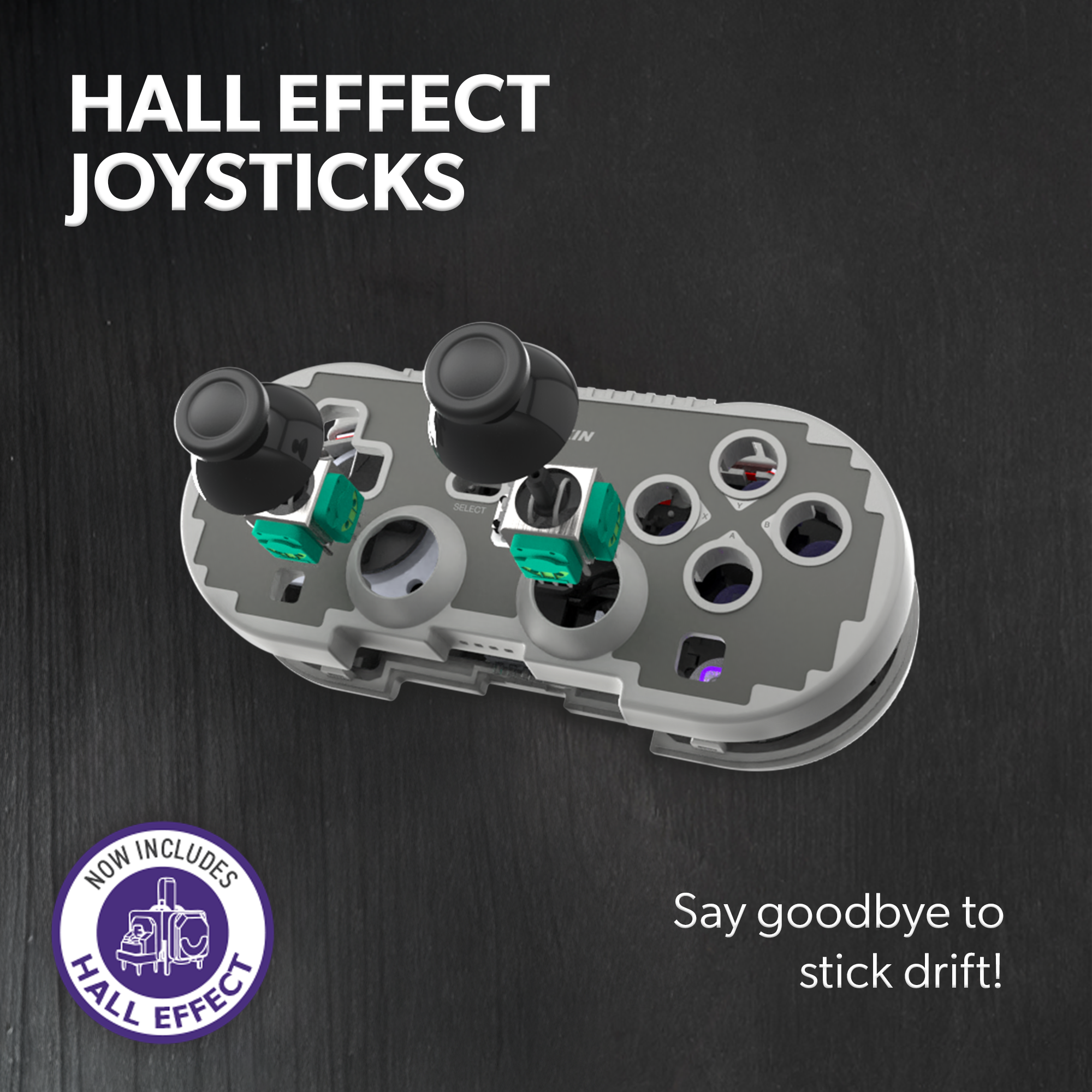 Hall effect joystick controller with text on a dark background
