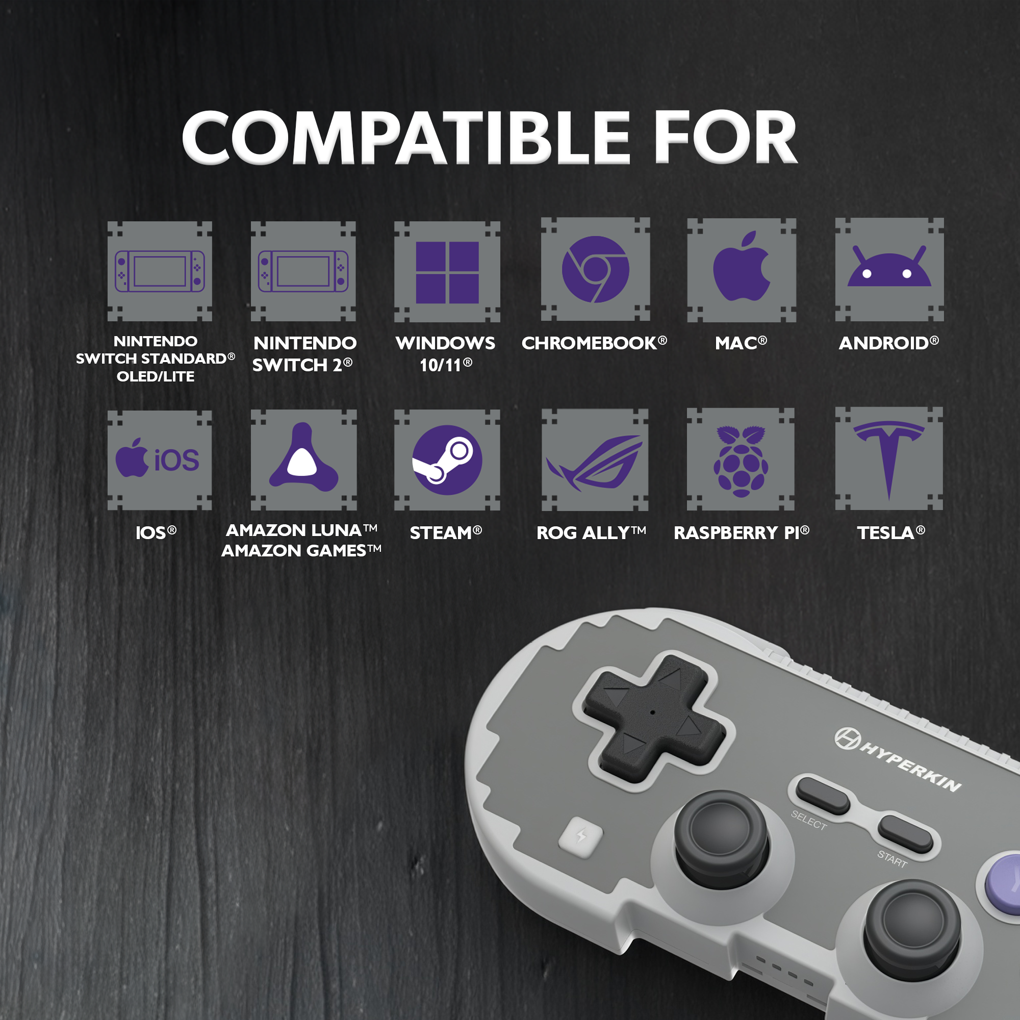 Gray gaming controller with compatibility icons for various devices on a dark background