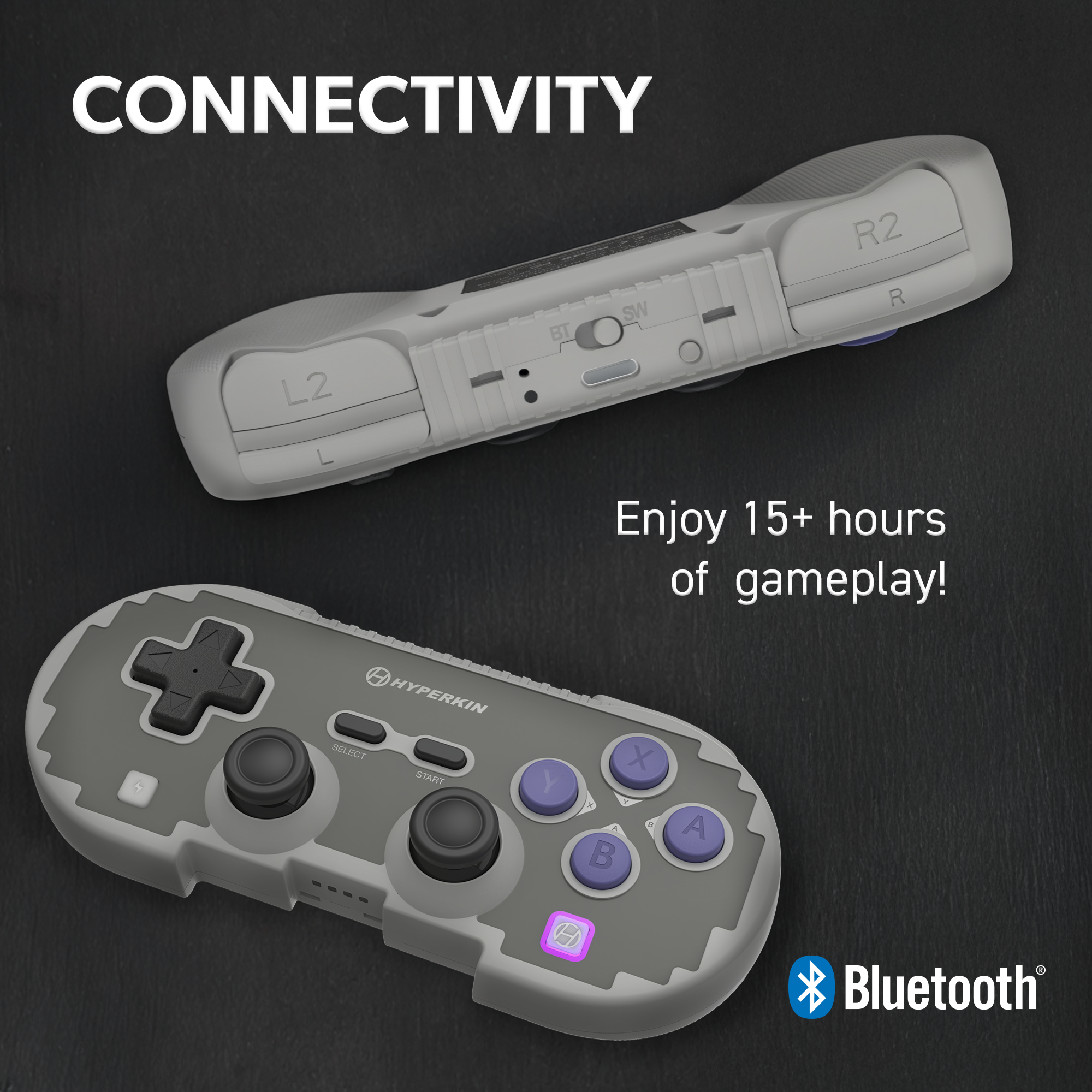 Gray gaming controller with Bluetooth connectivity on a dark background