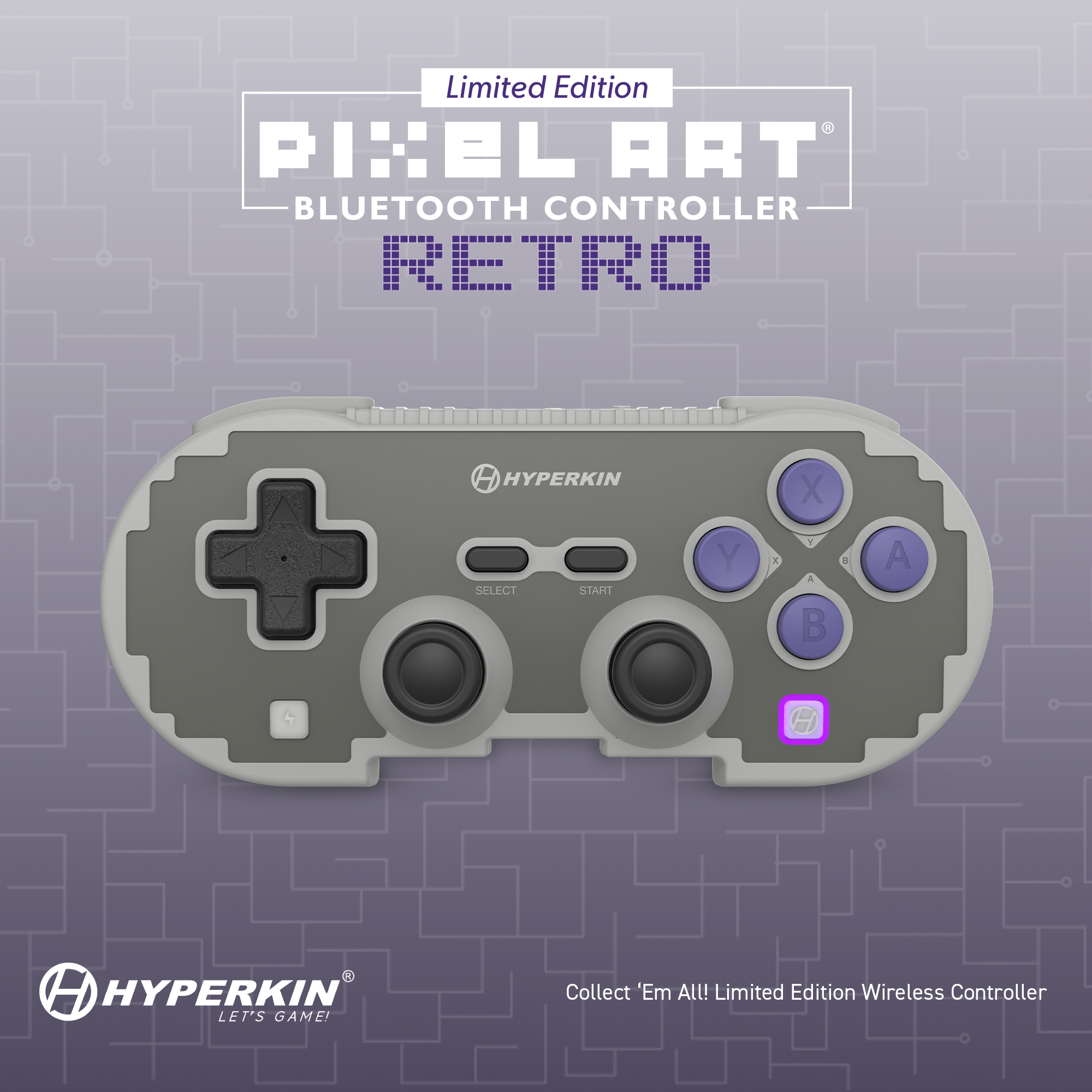 Pixel Art Bluetooth Controller with Hyperkin branding on a patterned background