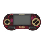 Hyperkin SuperBoy CM-051 'Crimson' handheld gaming console featuring a translucent red and black body with gold accents, a gray screen, and beige D-pad and AB buttons.