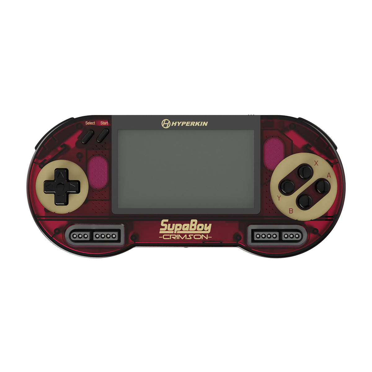 Hyperkin SuperBoy CM-051 'Crimson' handheld gaming console featuring a translucent red and black body with gold accents, a gray screen, and beige D-pad and AB buttons.