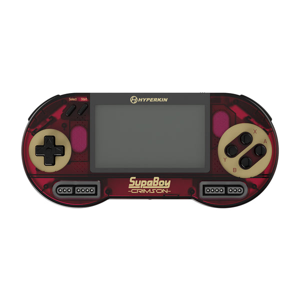 Hyperkin SuperBoy CM-051 'Crimson' handheld gaming console featuring a translucent red and black body with gold accents, a gray screen, and beige D-pad and AB buttons.