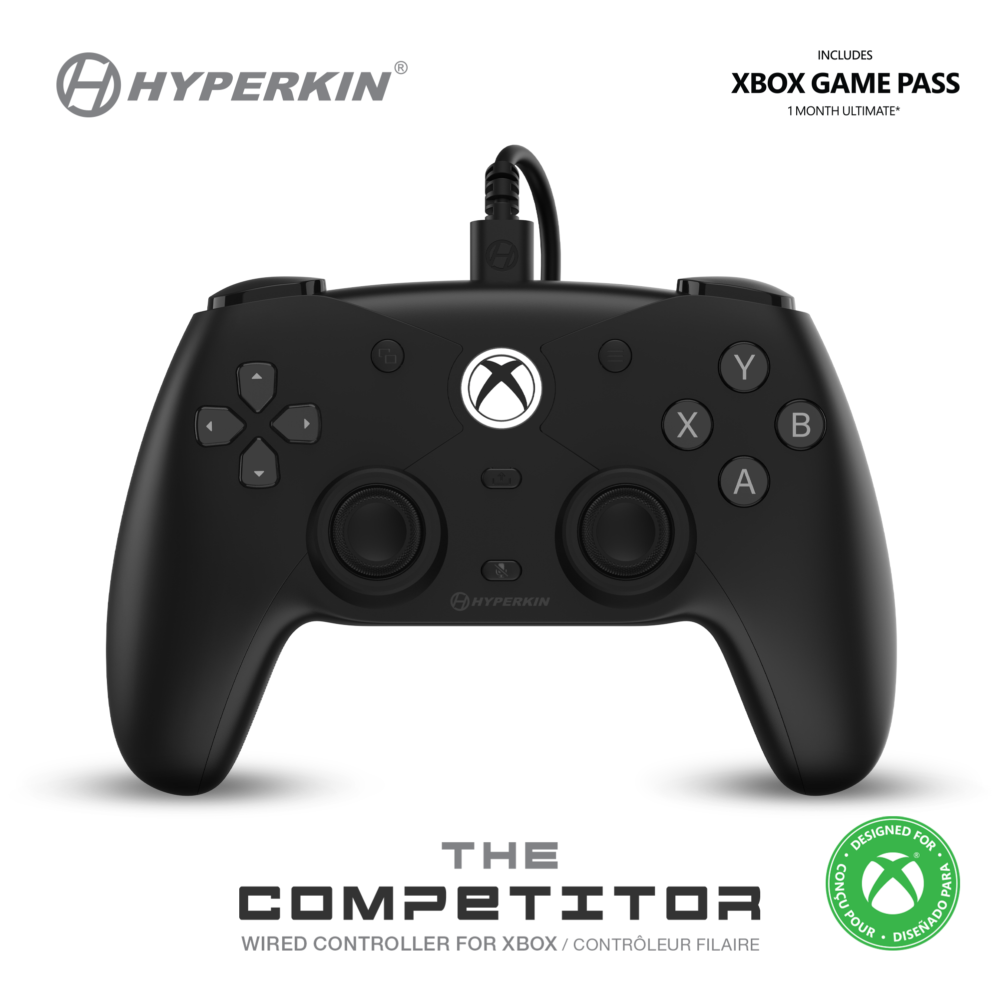 Black gaming controller with Xbox logo on a white background, featuring Hyperkin branding.