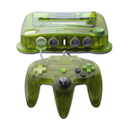 Green transparent ModRetro M64 gaming console and controller on a white background
