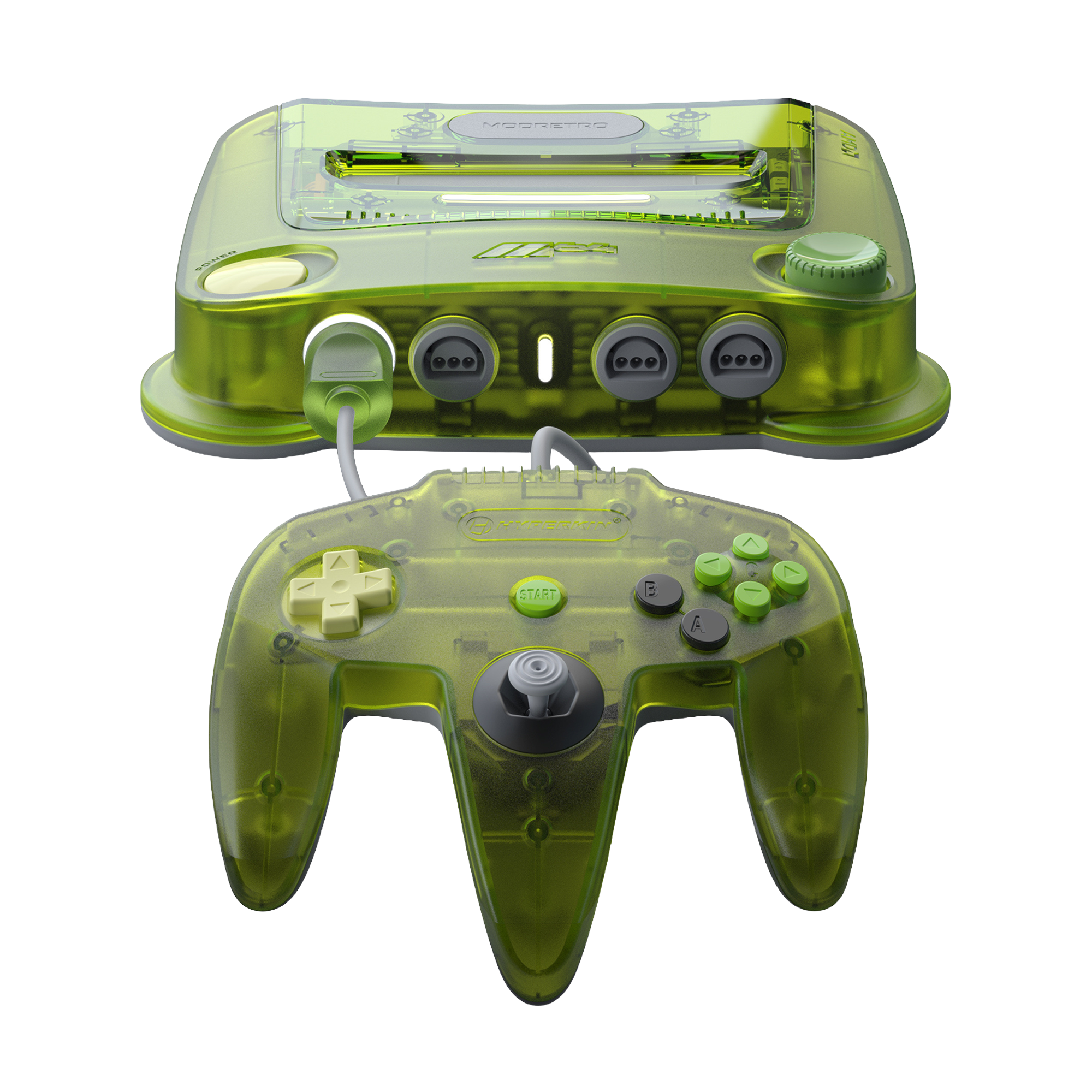 Green transparent ModRetro M64 gaming console and controller on a white background