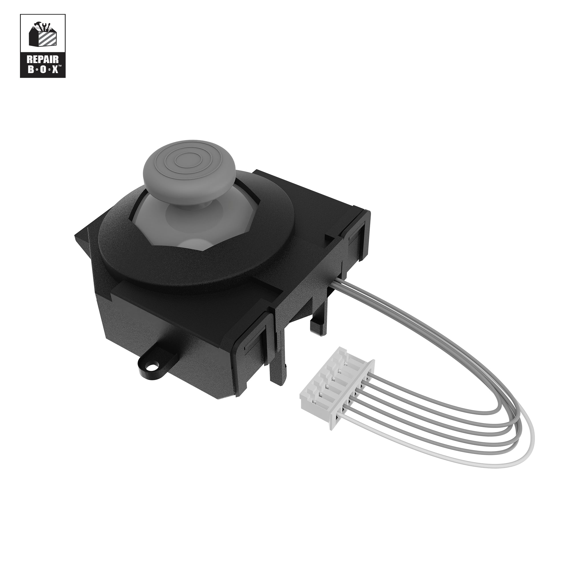 Hyperkin Hall Effect Joystick replacement module for Nintendo 64 controller, featuring a black and gray thumbstick on a rectangular base with five-wire connector. Ideal for drift-free, plug-and-play N64 joystick repair and upgrade.