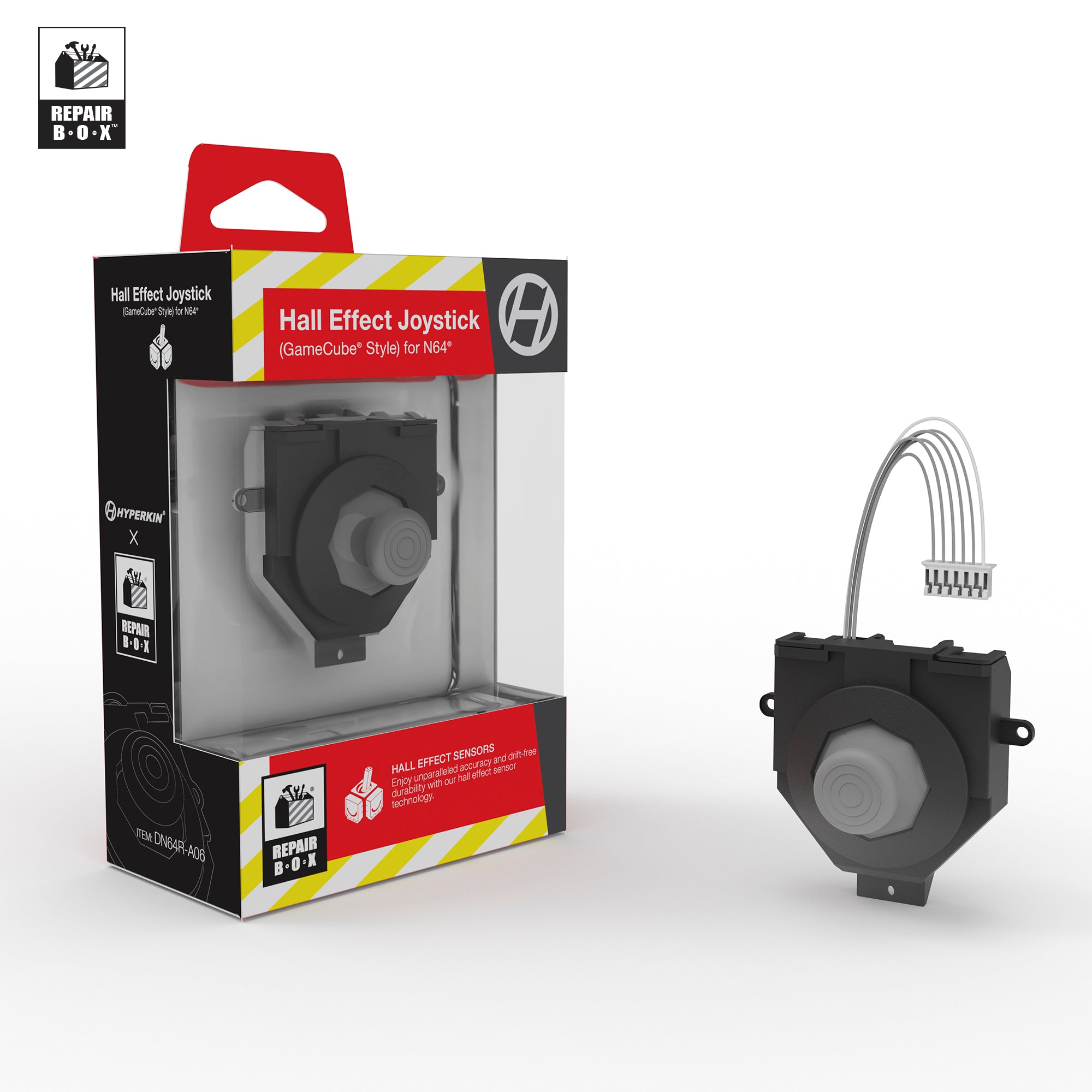 Hyperkin Hall Effect Joystick GameCube-style replacement for Nintendo 64 shown in packaging and standalone. Features gray joystick with connector cable, Hall Effect sensors for drift-free precision, and durable design for retro gaming upgrades.