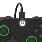Close-up of Drakong Challenger wired XBOX controller showing illuminated XBOX button, USB cable connection, analog sticks, and menu controls for XBOX Series X|S, XBOX One, and Windows PC
