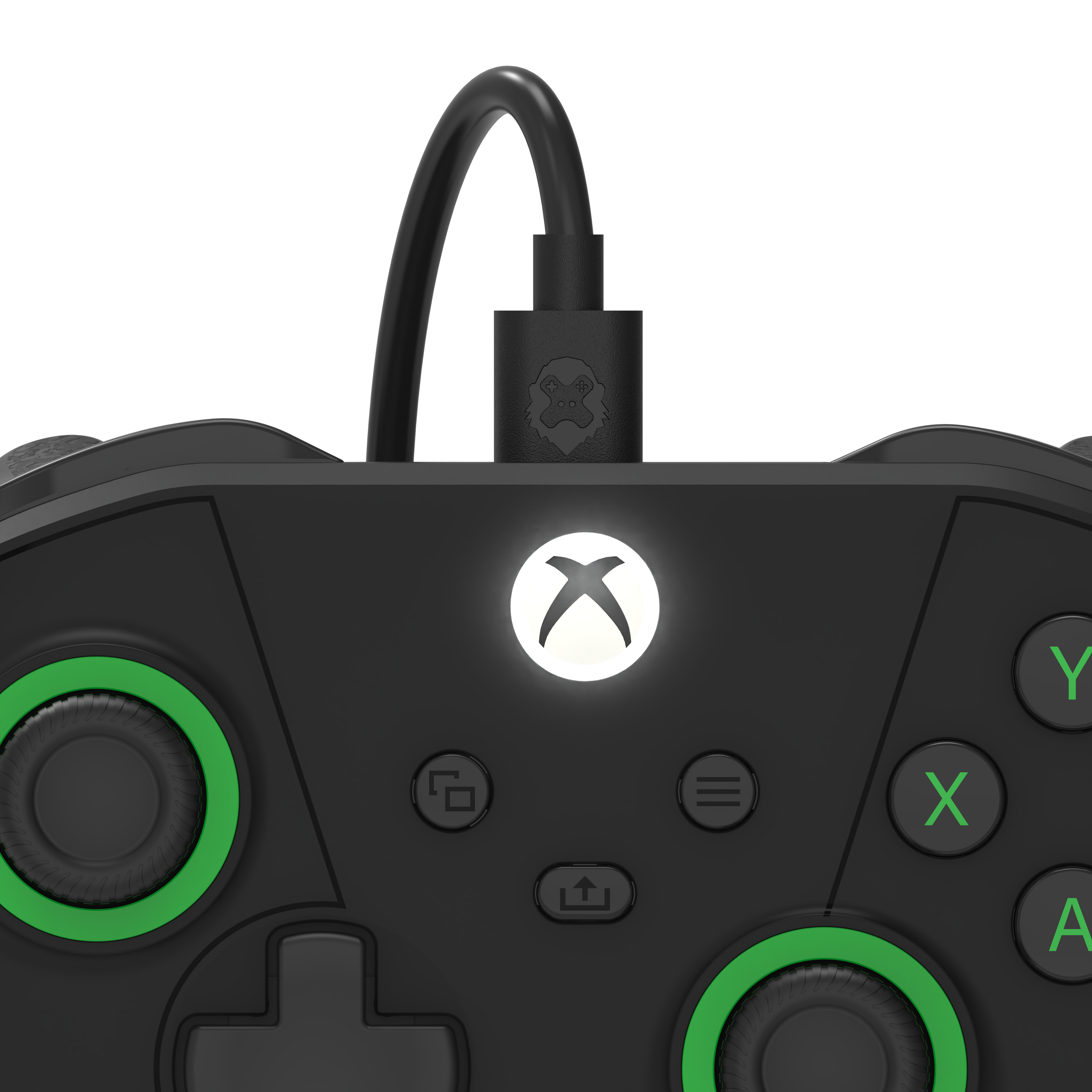 Close-up of Drakong Challenger wired XBOX controller showing illuminated XBOX button, USB cable connection, analog sticks, and menu controls for XBOX Series X|S, XBOX One, and Windows PC
