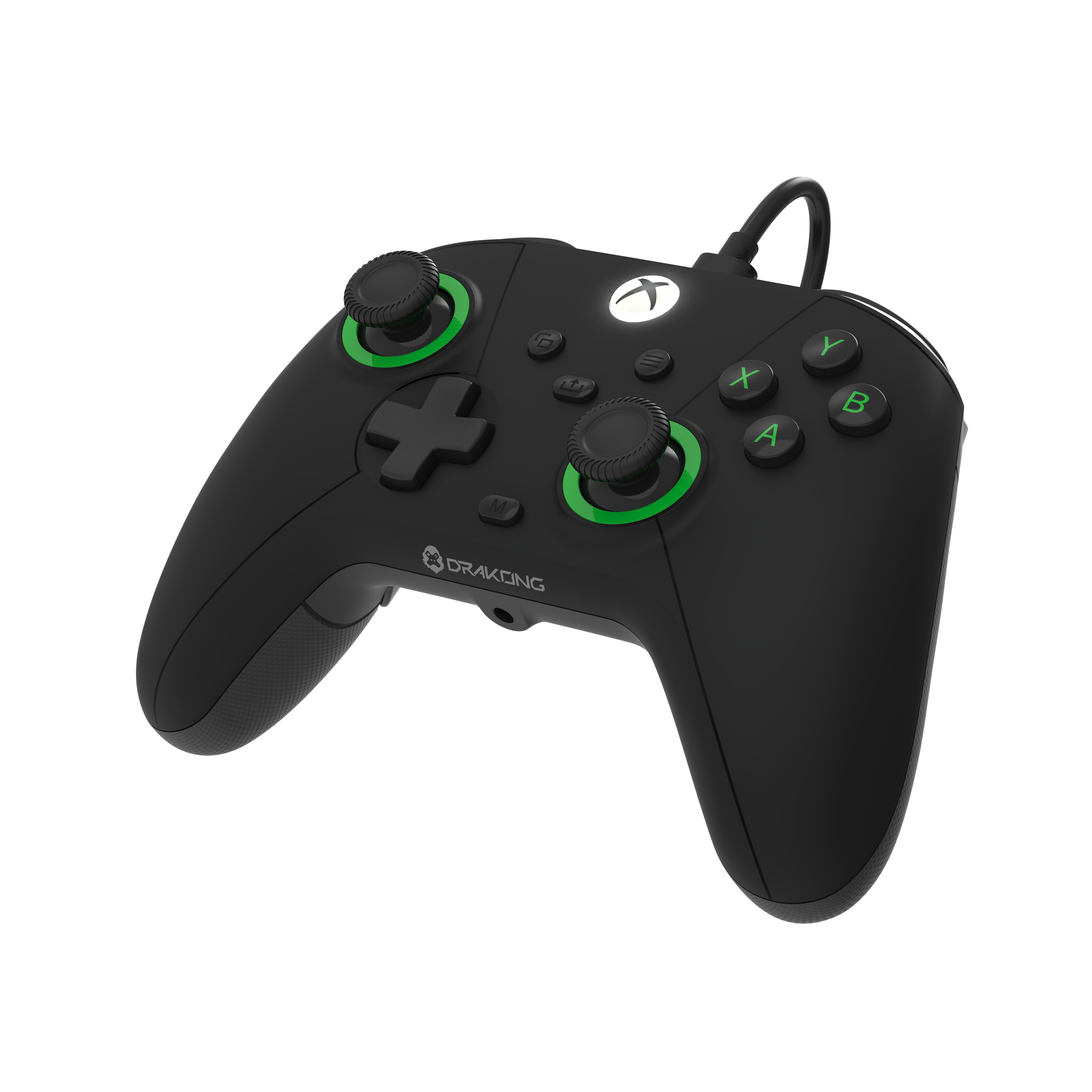 Three-quarter view of Drakong Challenger wired XBOX controller featuring ergonomic grip, precision analog sticks, responsive buttons, and USB connectivity for XBOX Series X|S, XBOX One, and Windows PC