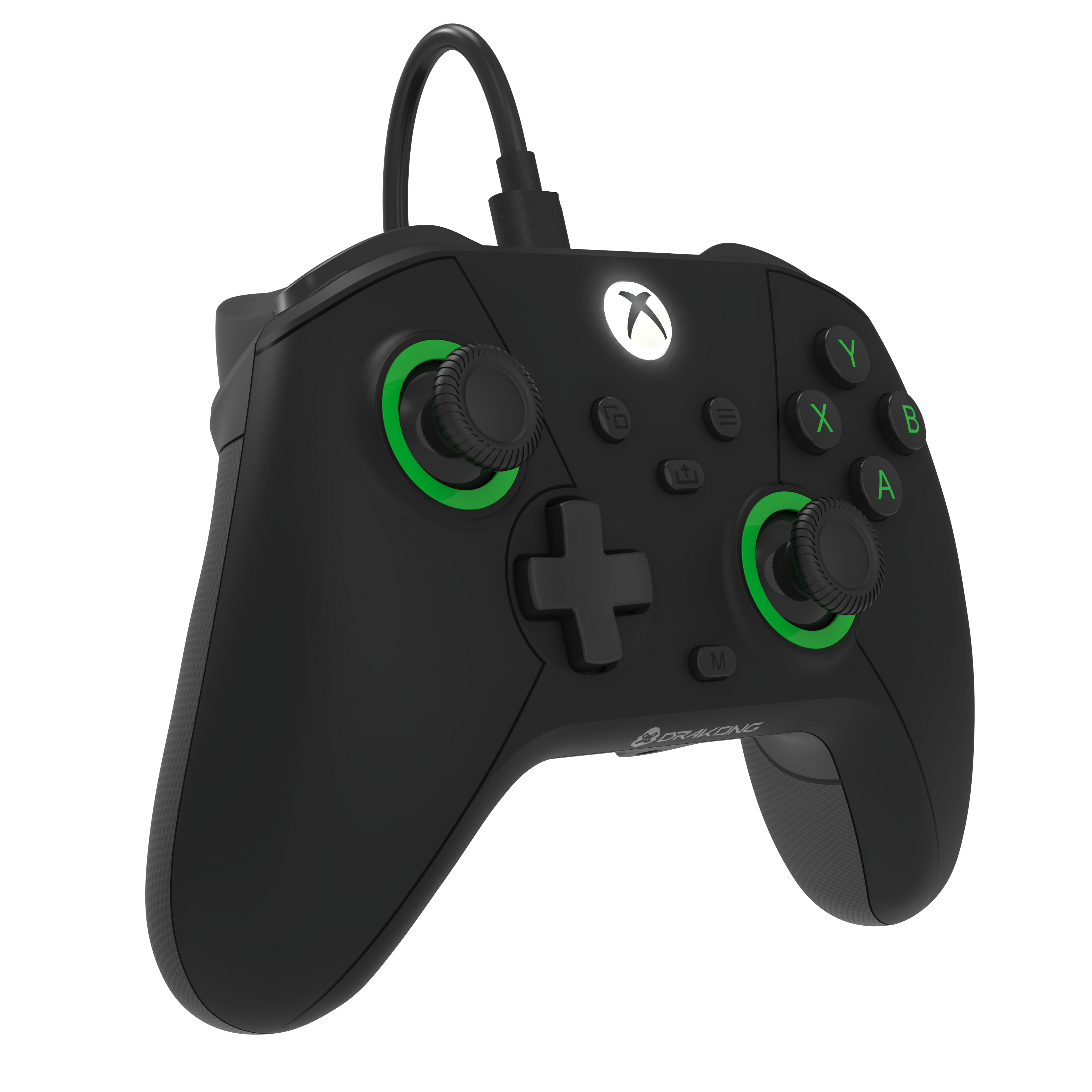 Angled view of Drakong Challenger wired XBOX controller with dual analog sticks, ergonomic grip, and precision controls for XBOX Series X|S, XBOX One, and Windows PC