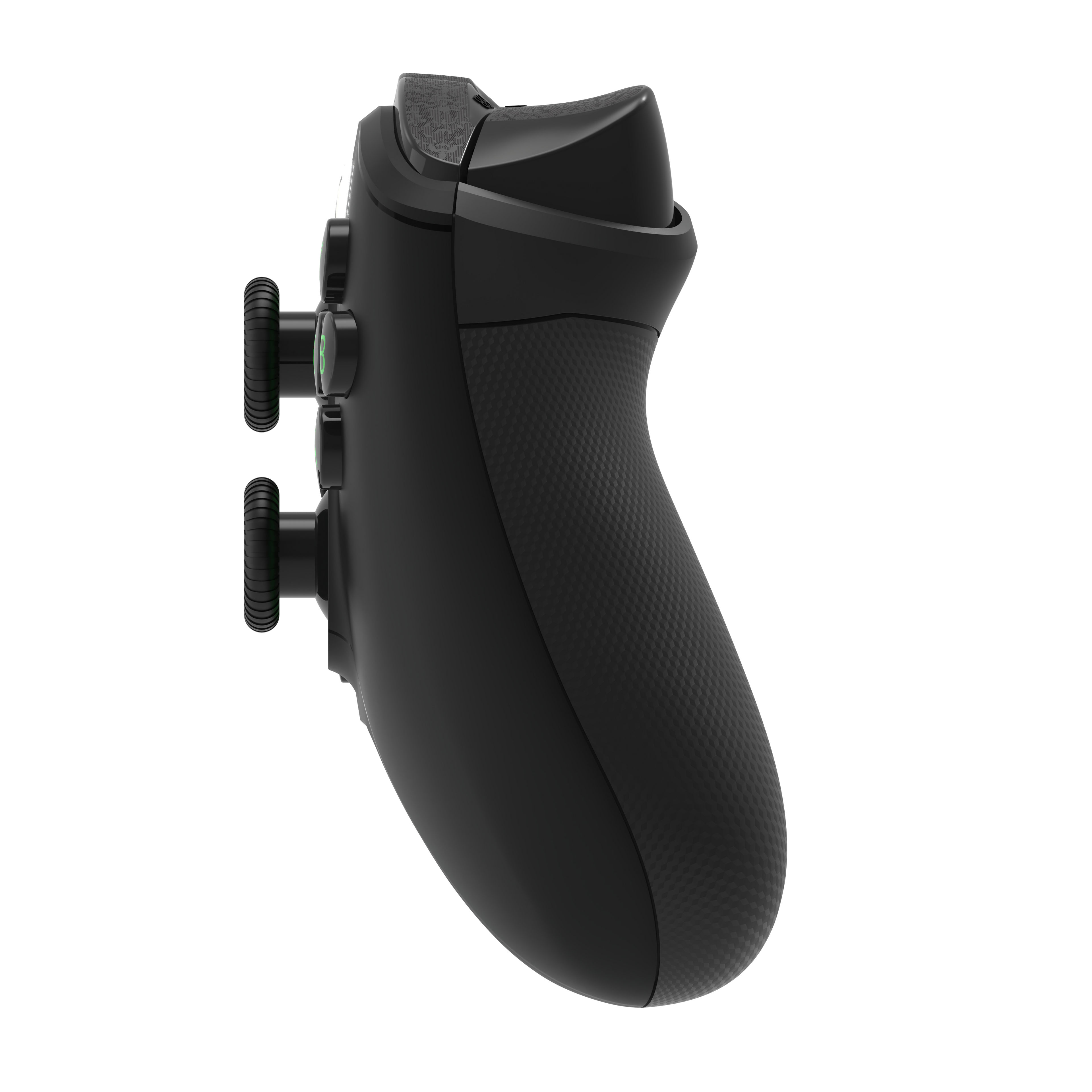 Side profile view of Drakong Challenger wired XBOX controller highlighting textured ergonomic grip, responsive trigger buttons, and comfortable design for XBOX Series X|S, XBOX One, and Windows PC