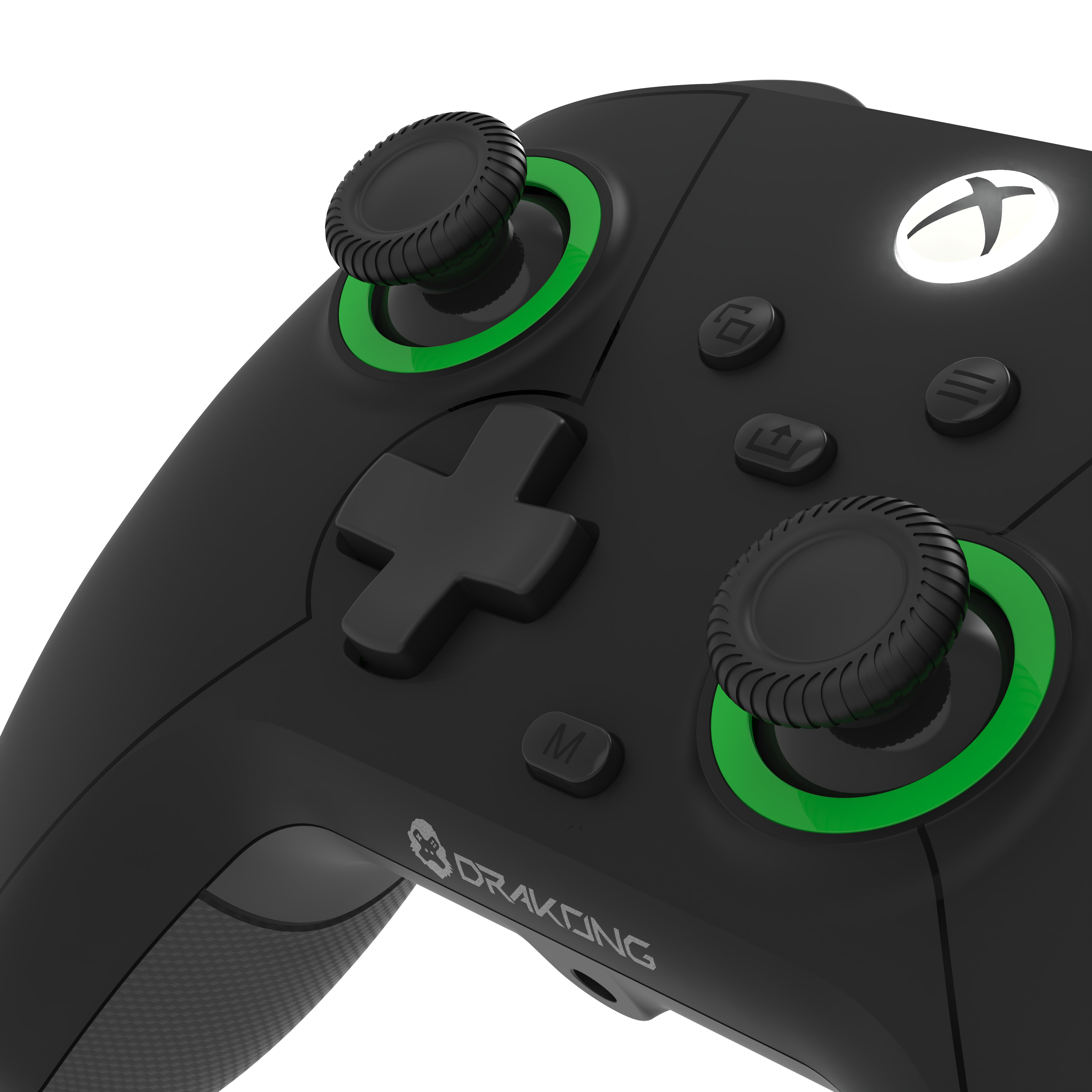Close-up view of Drakong Challenger wired XBOX controller featuring precision analog sticks, responsive D-pad, and ergonomic design for XBOX Series X|S, XBOX One, and Windows PC