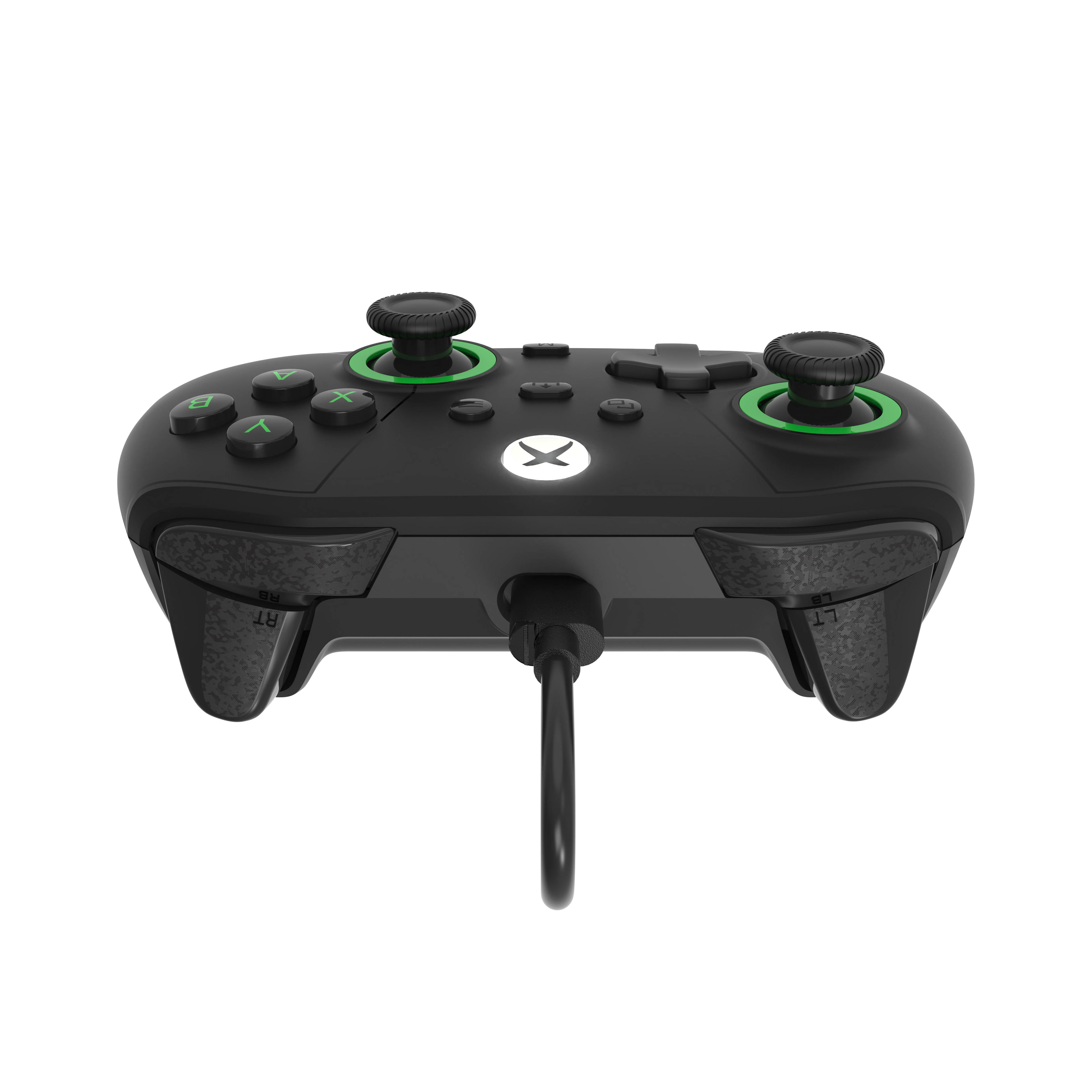 Front low-angle view of Drakong Challenger wired XBOX controller showing responsive trigger buttons, precision analog sticks, USB cable connection, and ergonomic design for XBOX Series X|S, XBOX One, and Windows PC