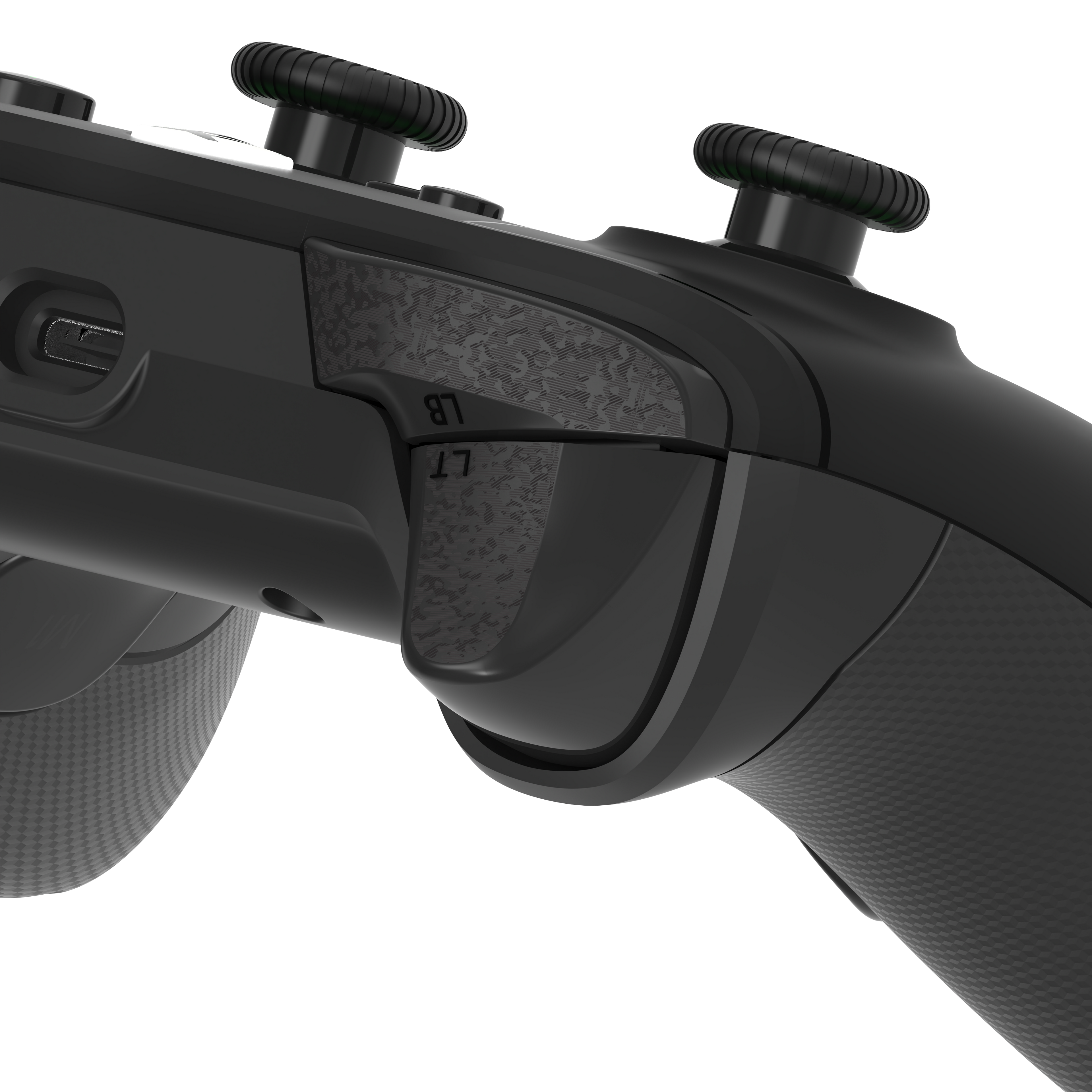 Close-up rear view of Drakong Challenger wired XBOX controller showing responsive LT and LB trigger buttons, textured grip, and durable ergonomic design for XBOX Series X|S, XBOX One, and Windows PC
