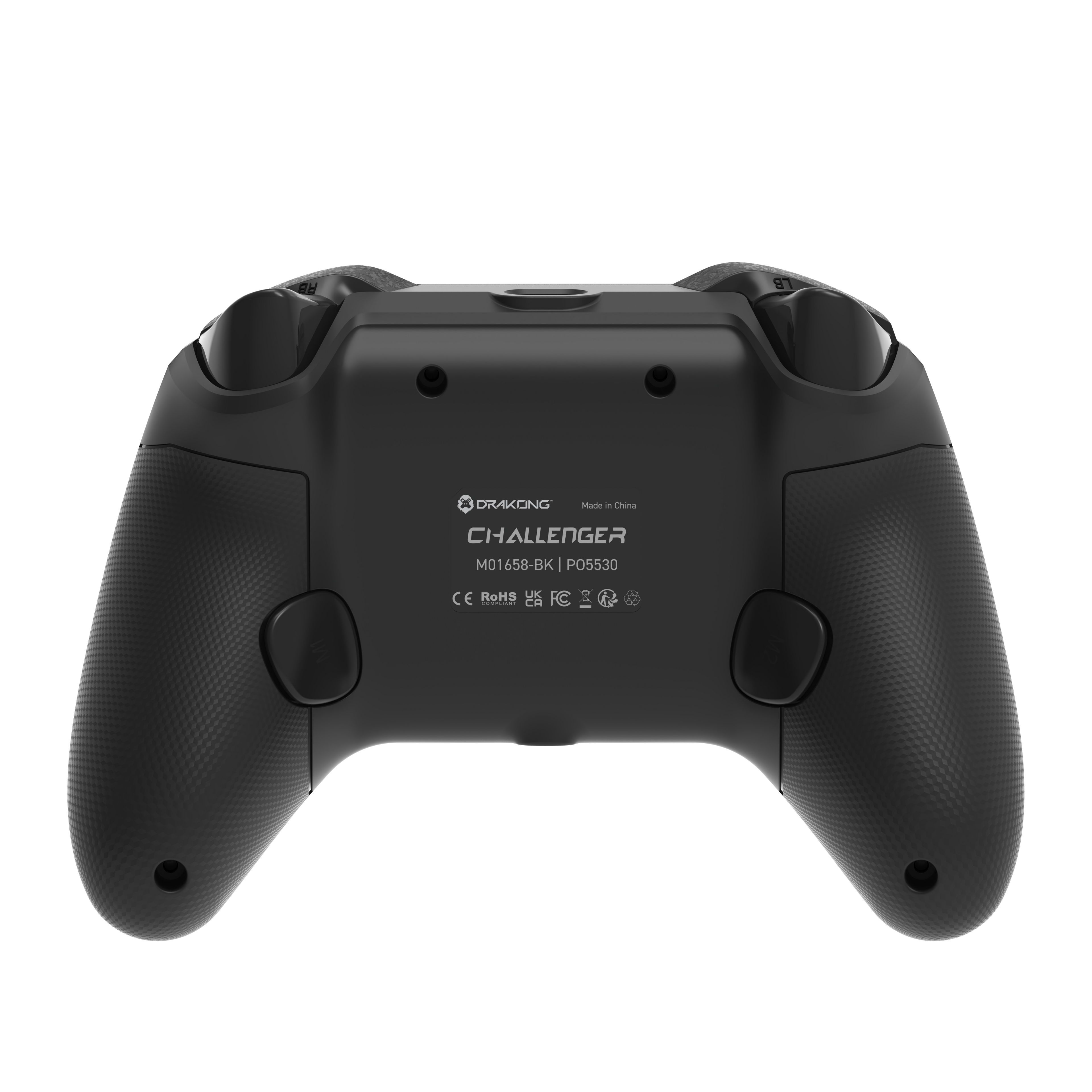 Rear view of Drakong Challenger wired XBOX controller showing textured ergonomic grips, responsive trigger buttons, and durable design for XBOX Series X|S, XBOX One, and Windows PC gaming