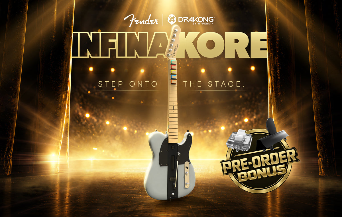 InfinaKore Fender Telecaster guitar controller standing on a spotlit gold stage, with the Fender and Drakong by Hyperkin logos and a pre-order bonus badge