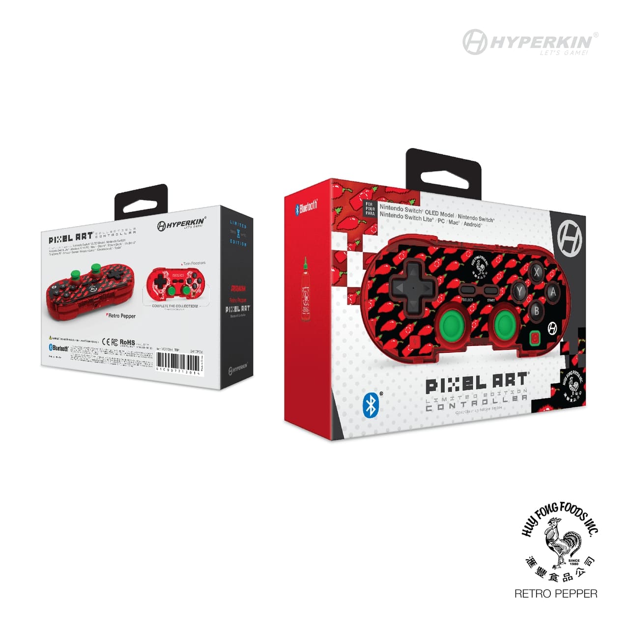 Hyperkin Pixel Art Limited Edition Retro Pepper Bluetooth Controller packaging for Nintendo Switch, PC, Mac, and Android, featuring red and black pixel design with green buttons and detailed product info.

