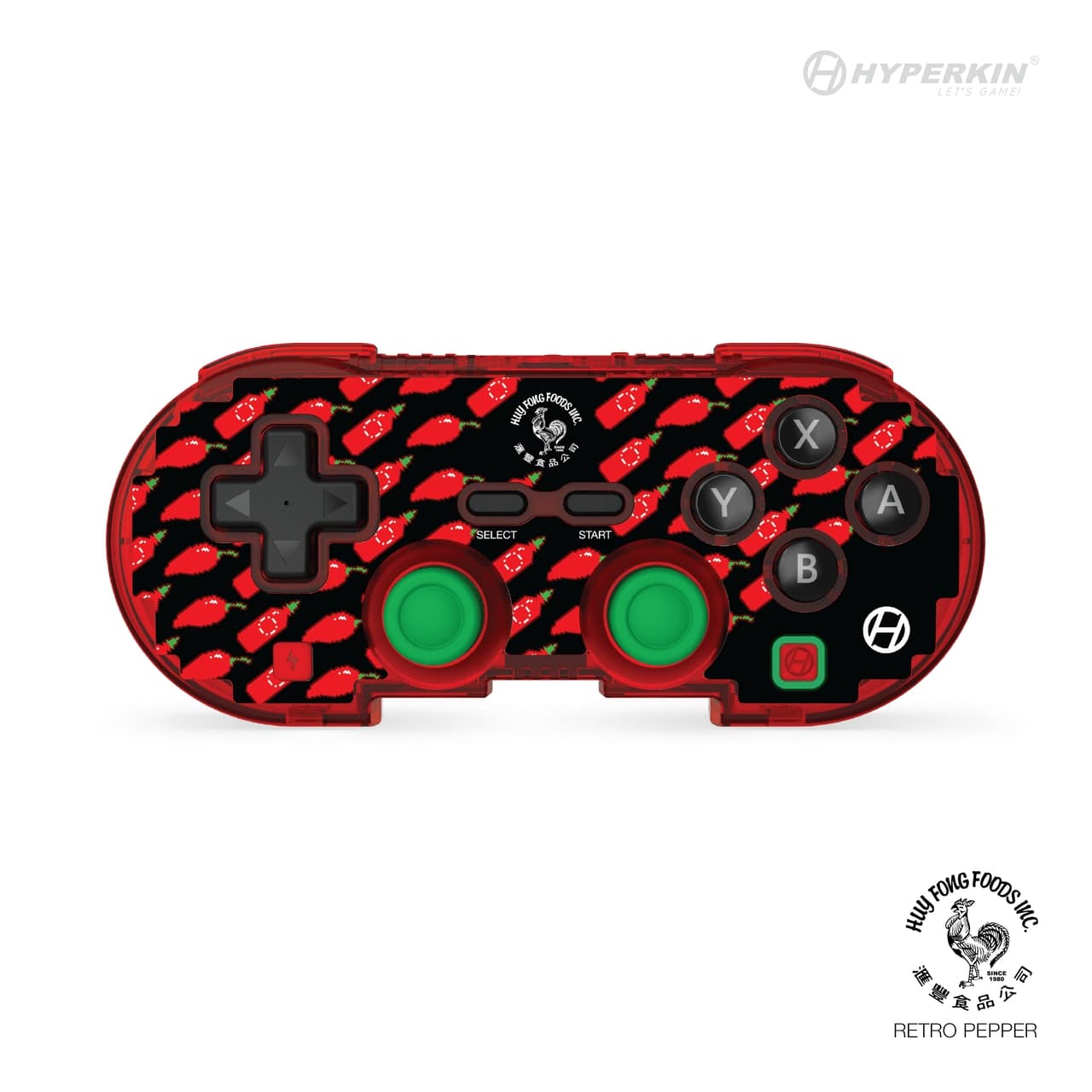 A limited edition Bluetooth gaming controller with a retro design, featuring a black and red Sriracha (Retro Pepper) theme, responsive action buttons, and a symmetrical stick.
