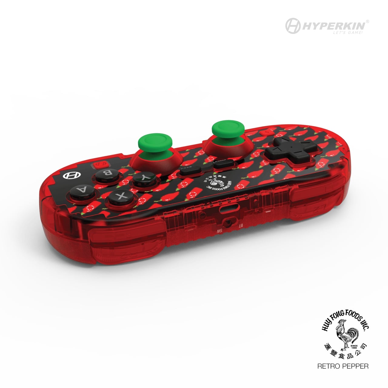 Hyperkin Retro Pepper Bluetooth game controller with red and black chili pepper design, green analog sticks, and control buttons. Features Hyperkin and Huy Fong Foods logos with 'Retro Pepper' branding.