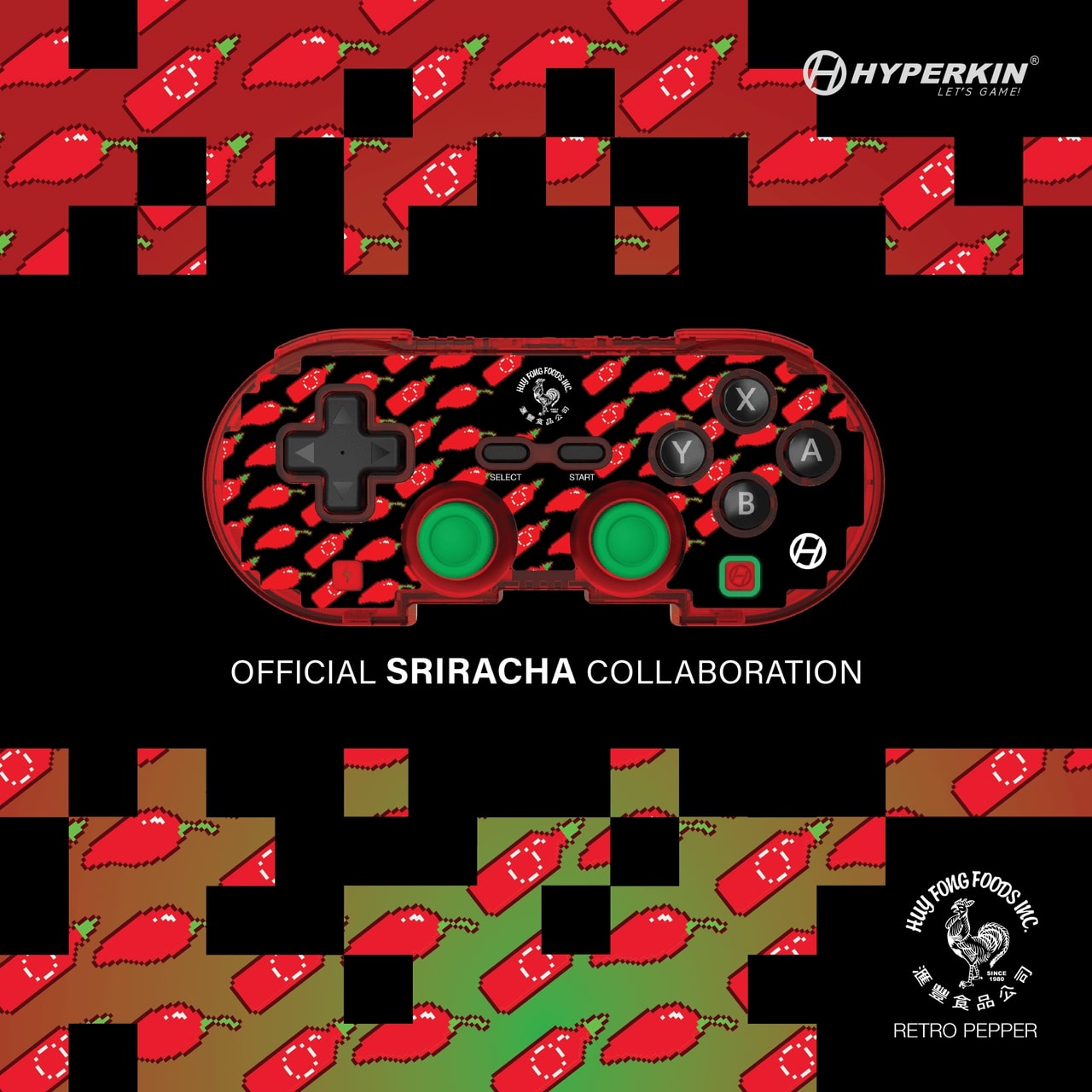 Hyperkin Sriracha Retro Pepper Bluetooth gaming controller with red chili pepper design, green analog sticks, and ABXY buttons. Features Hyperkin and Huy Fong Foods Inc. branding with 'Official Sriracha Collaboration' text.